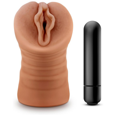 Blush Novelties M for Men by - Ultra Soft Realistic Vagina Masturbator Stroker - Single Speed Vibrating Bullet Included - Open Ended, Ribbed & Tight, Engulfs Your Penis - Pocket Sized Male Sex Toy