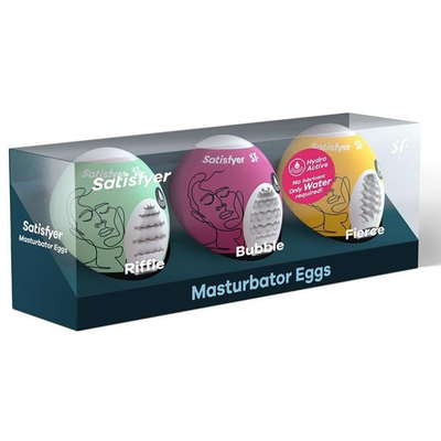 Satisfyer Masturbator Egg 3-Pack | Riffle | Bubble | Fierce | 3 Sensual Structures | Masturbator | Penis Stimulation | Extremely Stretchable | One- Time-Use