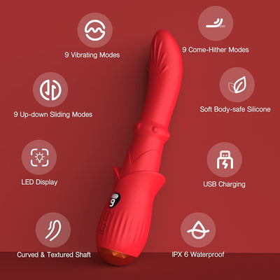 Tracy's Dog Powerful G Sopt Vibrator, LED Display Adult Toy Dildo with 9 Come-Hither & Vibrating & Up-Down Sliding Modes, Silicone Sex Toys for Women Clitoral Anal Stimulation (Placit), Red