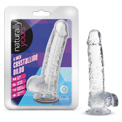 Blush Naturally Yours 6" Diamond Slim Dildo w/Balls, 1" Wide Realistic Transparent Cock - Suction Cup, Strap-On Compatible - Beginner Anal & Vaginal - Adult Sex Toy for Women, Men & Couples - (Clear)