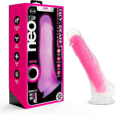 Blush Novelties Neo Elite - 7.5Silicone Dildo with Balls - 1.5Thick Glow in The Dark Sensa Feel Dual Density - Strap On Compatible Sturdy Suction Cup for Hands Free Play - Body Safe Sex Toy