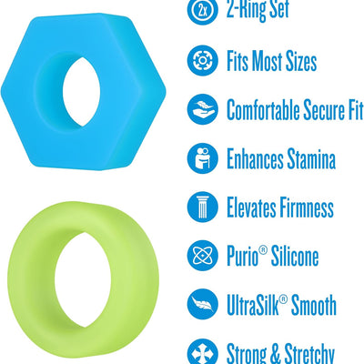 Blush Performance Plus Flash 2 Cock Ring Set, Glow in The Dark Neon Silicone C-Rings, Smooth, Stretchy, Comfortable Unique Penis Rings Enhancing Stamina & Stronger Erections, Adult Sex Toy for Men