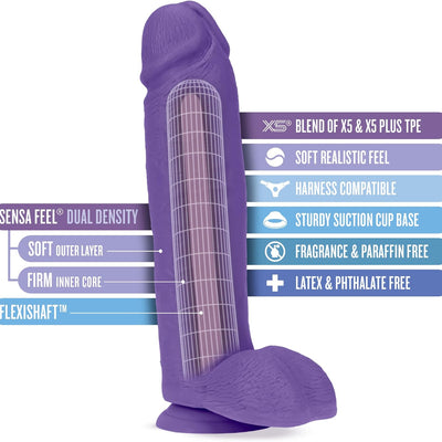 Blush Au Naturel 10.5 Inch Realistic Dual-Density Dildo – Soft & Firm SensaFeel Shaft Girthy Penis – Suction Cup & Strap-On Ready for G Spot & Anal Play – Adult Sex Toy for Women Men Couples - Purple