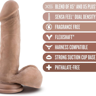 Blush Novelties Au Naturel 8 Inch Realistic Sensa Feel Dual Density Flexi Shaft Dildo - Fragrance Free Strong Suction Cup Harness Compatible Female Male Adult Toy - Sex Toy for Couples - Latin
