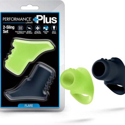 Blush Performance Plus Flare 2 Cocksling Set, Glow in The Dark Silicone Unique Cock & Balls Ring, Platinum-Cured Ultrasilk Super Stretchy Penis Slings, Stamina & Erection Enhancer, Men's Adult Sex Toy