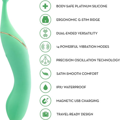 Blush Collection Stella 7" Dual-Ended Vibrating Wand, Precision Clitoral G-Spot Vibrator, Platinum Cured Silicone, Waterproof & Rechargeable Dual Motor Adult Sex Toy Stimulator for Women Couples Green