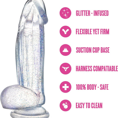 Blush 7.5" Naturally Yours Bling Realistic Glitter Dildo w/Balls, Suction Cup, Harness Compatible, Soft Yet Firm Penis TPE, G-Spot, Vaginal, Pegging Cock Adult Sex Toy for Women, Men, Couples - Clear