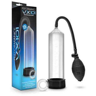 Blush Performance VX101 Penis Pump for Men 9" Cylinder - Beginner Male Enhancement Pump w/Strong Suction Ball, Soft Comfort Sleeve, Stay Hard Ring, Body-Safe, Men's Cock Enlargement Device - (Clear)