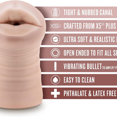 Blush Enlust Nicole 5" AI Male Masturbator w/Vibrating Bullet - Realistic Oral & Deep Throat Pocket Stroker, Tight Nubbed Canal, Open Ended - Ultra Soft X5 Plus Men's Compact Pussy Sex Toy - (Beige)