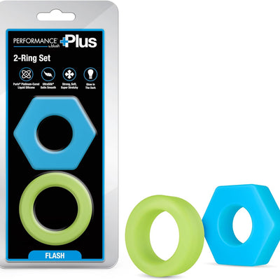 Blush Performance Plus Flash 2 Cock Ring Set, Glow in The Dark Neon Silicone C-Rings, Smooth, Stretchy, Comfortable Unique Penis Rings Enhancing Stamina & Stronger Erections, Adult Sex Toy for Men