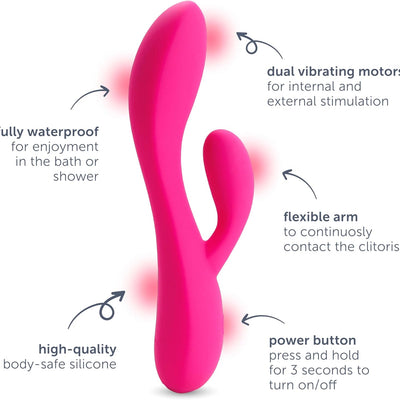 plusOne Dual Rabbit Vibrator Personal Massager, 10 Vibration Settings, Body-Safe Silicone, Waterproof, USB Rechargeable, for Women and Men