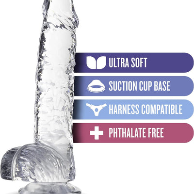 Blush Naturally Yours 6" Diamond Slim Dildo w/Balls, 1" Wide Realistic Transparent Cock - Suction Cup, Strap-On Compatible - Beginner Anal & Vaginal - Adult Sex Toy for Women, Men & Couples - (Clear)