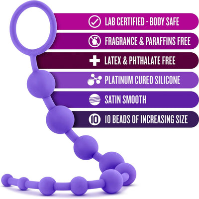 Blush Luxe 12.5" Ultrasilk Silicone Anal Beads - 10 Graduated Beads, Safe Loop Handle Lasso Anal Trainer - Beginner Satin Smooth Butt Plug - Anal Play Adult Sex Toy for Women, Men & Couples - (Purple)