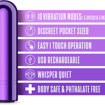 Blush Kool Vibes 2.5" Mini Bullet Vibrator, Quiet Pocket Clitoral Stimulator - 10 Vibrating Functions (5 Speeds & Patterns) USB Rechargeable - Intimate Pleasure Play Adult Sex Toy for Women - (Grape)