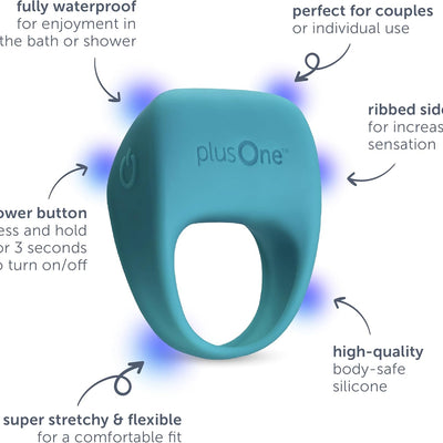 plusOne Vibrating Ring for Couples or Individuals, Body-Safe Silicone, Waterproof, USB Rechargeable, Massager with 10 Vibration Settings, Teal