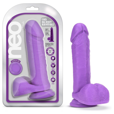 Blush Neo 8" Realistic Dildo w/Balls, Dual Density Real Skin Feel Cock, PVC, Suction Cup, Harness Compatible, Waterproof, Anal, Vaginal & Pegging Adult Sex Toy for Women, Men, Couples - (Neon Purple)