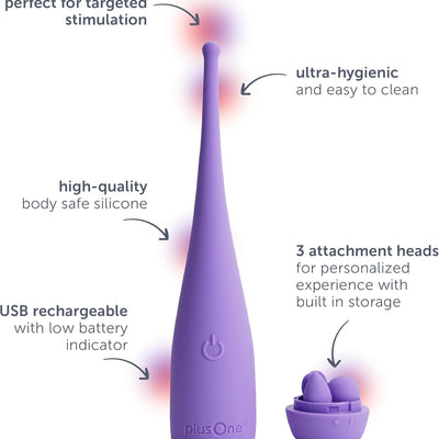 plusOne Pinpoint Vibe Personal Vibrator Massager with 4 Tip Attachments, 10 Vibration Settings, Body-Safe Silicone, Waterproof, USB Rechargeable for Women and Men