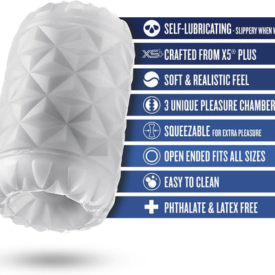 Blush Novelties - Blush Rize Reakt - Self-Lubricating Pocket Stroker Male Masturbator Made with Ultra Soft X5® Plus - 3 Uniquely Textured Erotic Pleasure Chambers - Open Ended Snug Fit Sex Toy for Men