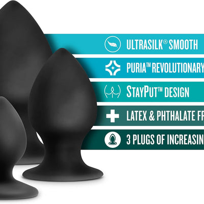 Blush Novelties Anal Adventures Platinum Ultrasilk Silicone Stout Butt Plug Kit - Mini Small Medium Satin Smooth Suction Cup Base Easy to Clean Plug - Fragrance Free - Sex Toys