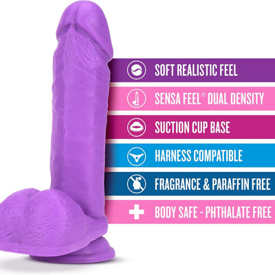 Blush Neo 8" Realistic Dildo w/Balls, Dual Density Real Skin Feel Cock, PVC, Suction Cup, Harness Compatible, Waterproof, Anal, Vaginal & Pegging Adult Sex Toy for Women, Men, Couples - (Neon Purple)