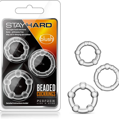 Blush Novelties Adult Sex Toys – Stay Hard Beaded Cock Ring Set – Super Elastic Erection Enhancer Penis Rings – Tear Resistant – One Size Fits All – Sexual Wellness Pleasure for Men, Couples – Clear