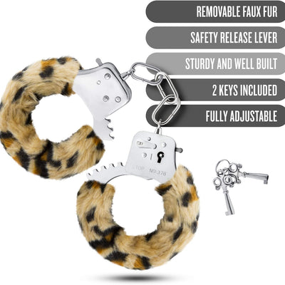 Blush Novelties Sex Toys – Temptasia Faux Fur Metal Hand Cuffs – Adjustable Double Lock Wrist Restraints with Keys & Safety Release – Heavy Duty Fantasy Bondage Kinky Play – Couples, BDSM – Leopard