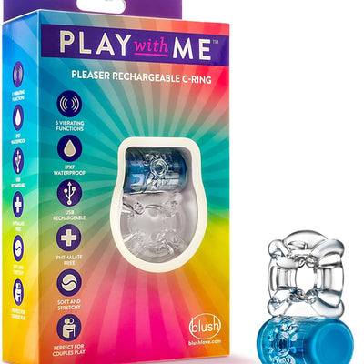 Blush Play with Me Pleaser 2.25" Vibrating Cock Ring for Couples - 5 Vibe Modes, Soft Clitoral Stimulator, Stretchy & Comfy Fit Penis Ring for Extended Climax Play - Adult Sex Toy for Men - (Blue)