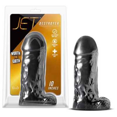 Blush Jet Destroyer 10" Realistic XXL Dildo w/Balls, 3.25” Extra Thick Girthy Cock - Soft PVC Pro-Size Advanced Anal & Vaginal Penis - Adult Sex Toy for Women, Men & Couples - (Carbon Metallic Black)