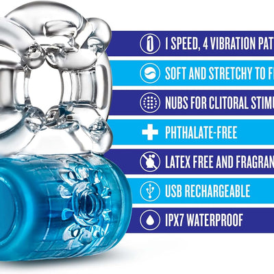 Blush Play with Me Pleaser 2.25" Vibrating Cock Ring for Couples - 5 Vibe Modes, Soft Clitoral Stimulator, Stretchy & Comfy Fit Penis Ring for Extended Climax Play - Adult Sex Toy for Men - (Blue)