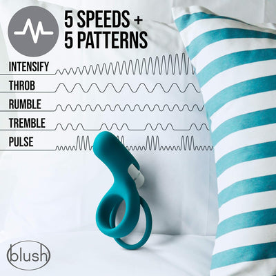 Blush Noje C2 Juniper Vibrating Penis Ring - 10 Vibration Modes, Rechargeable - Soft Silicone Cock Ring with Ball Stretcher Loop - Stronger Erections, Orgasms & Pleasure Couples Adult Sex Toy - (Blue)