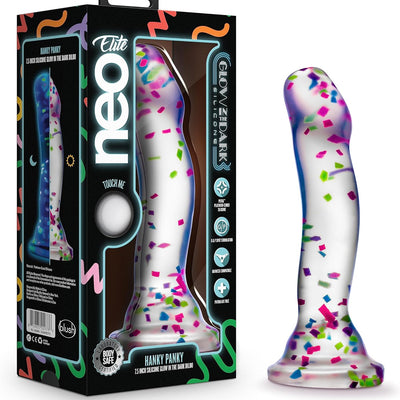 Blush Neo Elite Hanky-Panky 7.5" Glow in The Dark Silicone Dildo, Lifelike Clear Cock w/Fun Confetti, Suction Cup, Harness Compatible, Adult Sex Toy for G- & P-Spot Stimulation Women, Men, Couples