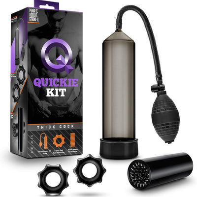 Blush Quickie Kit 9.5" Penis Pump w/Masturbator Stroker Sleeve, Thick Cock - 2 Penis Rings & Suction Pump - Male Enlargement & Pleasure Pump for Harder & Longer Erections Sex Toy for Men - (Black)
