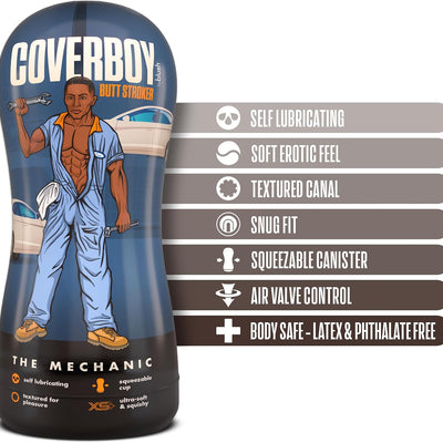 Blush Coverboy The Mechanic 7.5" Male Masturbator - Self-Lubricating Pocket Stroker for Men - Snug Textured Anal Sleeve, Super Squishy Flesh-Like Feel, Suction Control w/Squeezable Canister - (Brown)