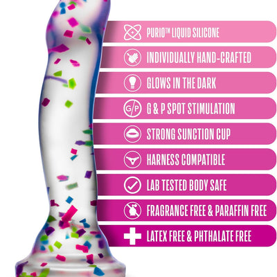 Blush Neo Elite Hanky-Panky 7.5" Glow in The Dark Silicone Dildo, Lifelike Clear Cock w/Fun Confetti, Suction Cup, Harness Compatible, Adult Sex Toy for G- & P-Spot Stimulation Women, Men, Couples