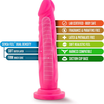 Blush Neo 7.5" Neon Pink Realistic Dildo - Dual Density Sensa Feel - Soft Big Lifelike Cock - Suction Cup Base Strap On Compatible - Adult Sex Toy for Women Men Couples Anal Vaginal Pegging Play Penis