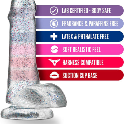 Blush Naturally Yours 6" Small Glitter Dildo w/Balls, Realistic Soft Cock, Suction Cup, Harness Compatible Male Female Anal & Vaginal Pleasure Play Adult Sex Toy Penis for Women, Men, Couples - Clear