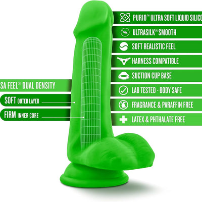 Blush Neo Elite 6.5" Realistic Silicone Dildo, 1.25" Thick Shaft SensaFeel, Suction Cup, Strap-On Compatible, Waterproof, Lifelike Cock - Body-Safe Adult Sex Toy for Women, Men, Couples - (Neon Green)