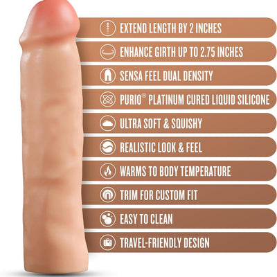 Blush Novelties Performance Plus Tenacity - 8.5 Inch Realistic Penis Extender Sleeve - Sensa Feel® Dual Density Technology with Purio® Liquid Silicone - Adult Sex Toy - Beige