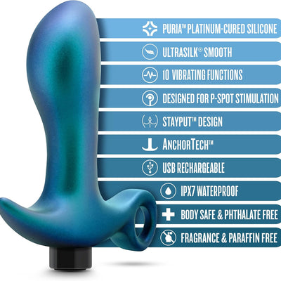 Blush 4.25" Anal Adventures Silicone Butt Plug, Matrix Teleportation Curved Vibrating Prostate Massager, Finger Loop, Ring Base, Ultrasilk Smooth P-Spot Adult Sex Toy Rechargeable Anal Plug - (Lunar)