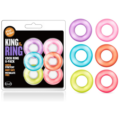 Blush Play with Me King of The Ring 6 Pack Silicone Penis Ring Set - Soft & Super Stretchy Durable Cock Rings for Men - No Pinch, Stay Hard, Prolong, Performance Enhancer Adult Sex Toy - (Multicolor)
