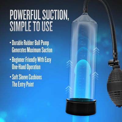 Blush Performance VX101 Penis Pump for Men 9" Cylinder - Beginner Male Enhancement Pump w/Strong Suction Ball, Soft Comfort Sleeve, Stay Hard Ring, Body-Safe, Men's Cock Enlargement Device - (Clear)