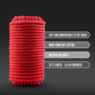Blush Temptasia Red Bondage Rope - 32 Feet No-Slip Shibari Rope of 100% Cotton Soft BDSM Bonds - Easy to Clean Machine Washable -Thick Sturdy for Heavy Duty Binding - Kinky Adult Sex Toys for Couple