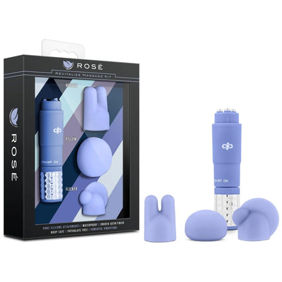 Blush Rosé 4" Revitalize Periwinkle Massage Wand Kit - Hugger, Flicker & Pillow 3 Silicone Attachments - Pocket Size Pinpoint Nipple Clit & Body Stimulator - IPX7 Satin Smooth Women Adult Sex Toy Blue