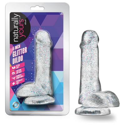 Blush Naturally Yours 6" Small Glitter Dildo w/Balls, Realistic Soft Cock, Suction Cup, Harness Compatible Male Female Anal & Vaginal Pleasure Play Adult Sex Toy Penis for Women, Men, Couples - Clear