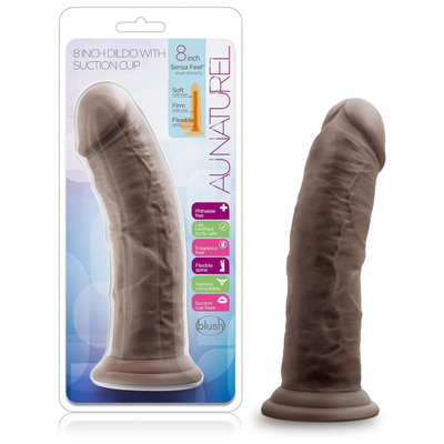 Blush Novelties Au Naturel 8" Realistic Dildo, Long, Thick, Suction Cup Harness Compatible, Sex Toy for Women, Sex Toy for Adults Chocolate