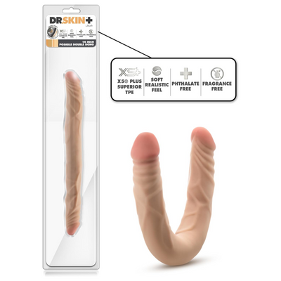 Blush Dr. Skin Plus 14 Inch Double Dong - Extra Long Realistic Dildo w/Posable Shaft, Advanced Double Penetration Play, Soft X5 Plus, Women & Couples Body Safe Dual-Ended Cock Adult Sex Toy - Beige