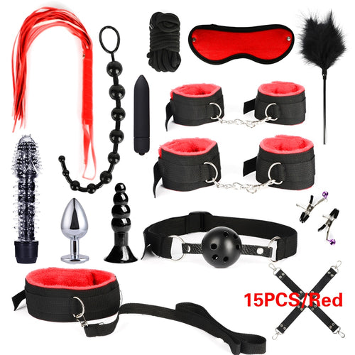 10/13/15/17 PCS Bondage Restraints Kits BDSM Sex Handcuffs Whip Anal Plug Bullet Vibrator Erotic Sex Toy for Couples Adult Games