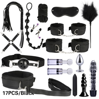 10/13/15/17 PCS Bondage Restraints Kits BDSM Sex Handcuffs Whip Anal Plug Bullet Vibrator Erotic Sex Toy for Couples Adult Games