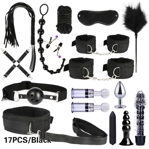 10/13/15/17 PCS Bondage Restraints Kits BDSM Sex Handcuffs Whip Anal Plug Bullet Vibrator Erotic Sex Toy for Couples Adult Games