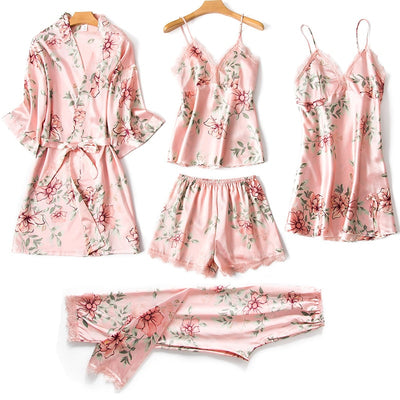 2020 5Pcs Sexy Lingerie Women Silk Lace Pajama Sets Trim Satin Cami Tops Robe Babydoll Sleepwear Nightdress Pajamas Sets
